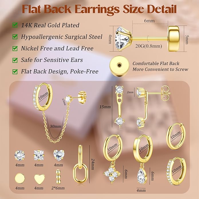 MILACOLATO 13 Pairs Silver Earrings Set for Women - 14K Gold Plated Cartilage Studs Huggie Hoop Earring Stacks for Multiple Piercing Hypoallergenic Surgical Stainless Steel Flat Back Earrings for Sensitive Ears