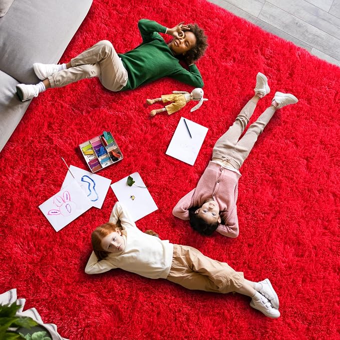 Dssimo Red Fluffy Rugs for Living Room Bedroom, 8x10 Shaggy Area Rug | Large Upgrade Non-Slip Burgundy Rug for Kids,Girls Boys and Teens Deco Christmas Aesthetic for Dorm Nursery Classroom