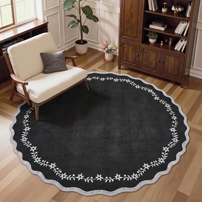 GarveeHome Round Area Rug 5ft Scalloped Washable Circle Rug for Bedroom | Soft Black Non Slip Floral Print Floor Mat Carpet Indoor Thin Tent Rug for Kids Dining Room Playroom Nursery Entryway