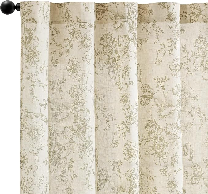 jinchan Green Floral Linen Curtains 45 Inch Vintage Back Tab 2 Panels | Light filtering drapes, semi sheer, farmhouse, cottagecore, rustic, living room, bedroom, rod pocket, window treatment