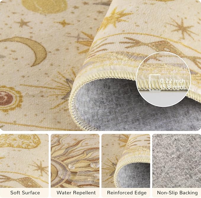 Vacuum-Friendly, 2x10 Washable Area Rug, Beige Camel Brown | Sun and Moon Boho Gothic Non-Slip Low Pile Living Roon Bedroom Dining Room Kitchen Entry Entryway Entrance Hallway Doormat
