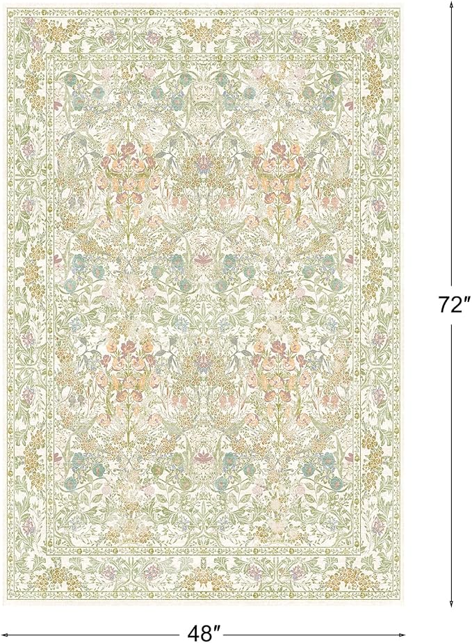 Vintage Washable Sage Green Area Rugs for Bedroom Under Bed, Living Room, Nursery, Kitchen, Entryway, Low Pile Non Slip Stain Resistance Distressed Retro Indoor (Beige Green, 4 x 6)