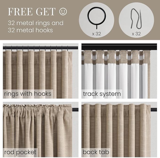 Topfinel 84 Inch Length 100% Blackout Viral Curtains with Back Tab Rod Pocket, Taupe Linen Textured Thermal Insulated Blackout Curtains Aesthetic Door & Window, Light Burlywood 52" W*84" L