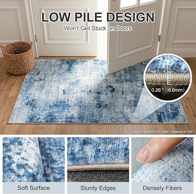 8'x10' Washable Area Rugs for Living Room Bedroom, Pet Friendly Non Slip Low Pile Rug for Hardwood Floors High Traffic Areas, Modern Abstract Stain Resistant Carpet, Blue