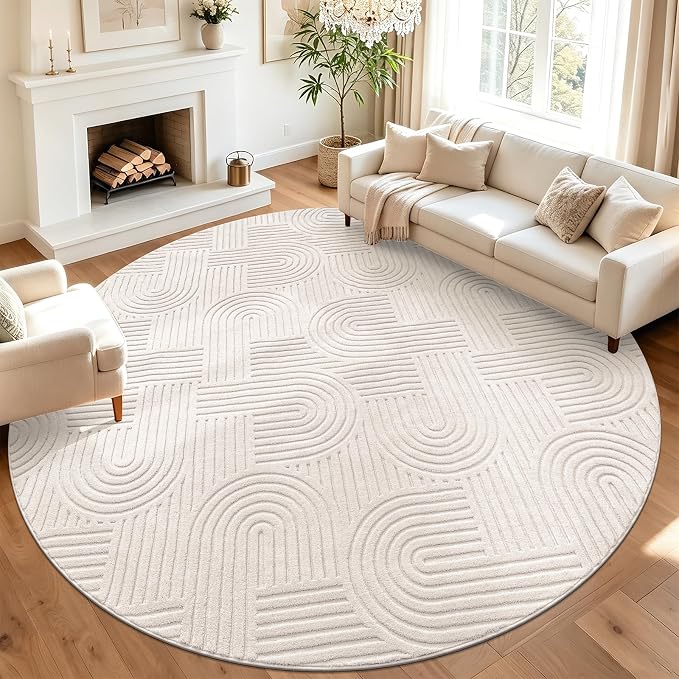 SHACOS Soft Cozy Fluffy Arch High Low Pile Round Rug 8ft Non Slip Washable Scandi Minimalist Circle Area Rug Modern Geometric Carpet for Living Room Bedroom Dining Room Kitchen, Beige