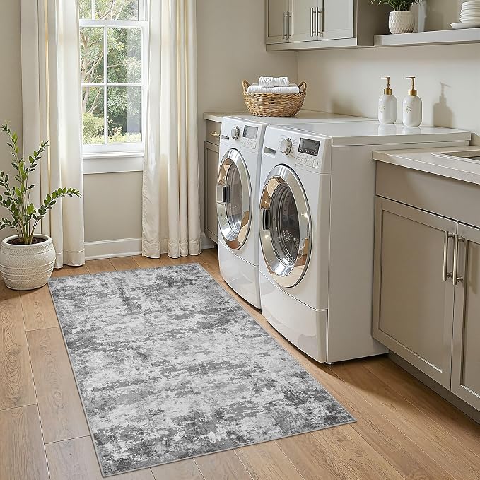 Neutral Washable Area Rug 3x5, Abstract Small Rugs for Entryway | Neutral Modern Non Slip Carpet, Stain Resistant and Joint-Friendly, Made for Bedroom, Kitchen, Indoor Front Door - Dark Gray