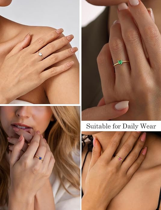WFYOU Gold Heart Birthstone Rings for Women 14K Gold Plated Non Tarnish Stackable Pinky Cubic Zirconia Rings Emerald Dainty Gemstone Thumb Ring Band Cute Jewelry Birthday Gift Size 5-10