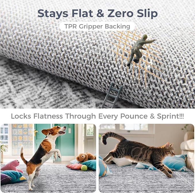 OPPODREAM Vintage Grey 3x6 Runner Rug, 3 x 6 Retro Washable Rug Non Slip, Low-Pile Faux Wool Carpet, Distressed Gray Floor Mat for Kitchen, Hallway, Entry-Way, Entrance, Indoor Back Door