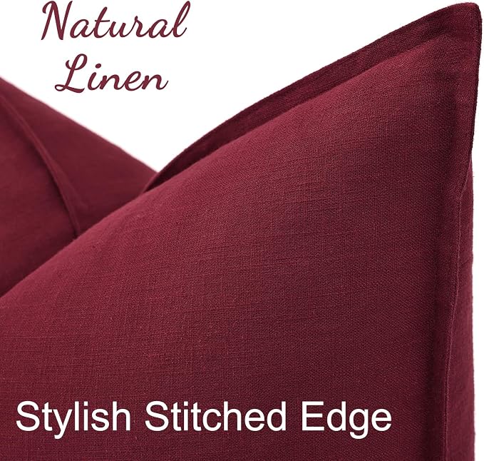 decorUhome Fall Burgundy Linen Throw Pillow Covers 18x18 Set of 2 | Decorative Soft Cozy Modern Farmhouse Boho Accent Pillow Cases with Flange Edges for Couch Bed Sofa Living Room Home Decor