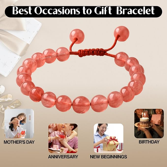 Amazing Gemstone Cherry Quartz Bracelet, Gifts for Men & Women - Protection Healing Crystal Bracelet - 8mm Gemstone Beaded Adjustable Bracelet, Pulseras para Hombres Mujer Stocking Stuffers