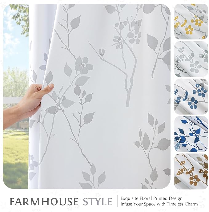 Beauoop Floral 100% Blackout Sliding Door Curtains Grey White 100x84 1 Set | Flower Patterned Room Darkening Patio Curtains Extra Wide Room Divider Drapes Thermal Soundproof Window treatment Grommet