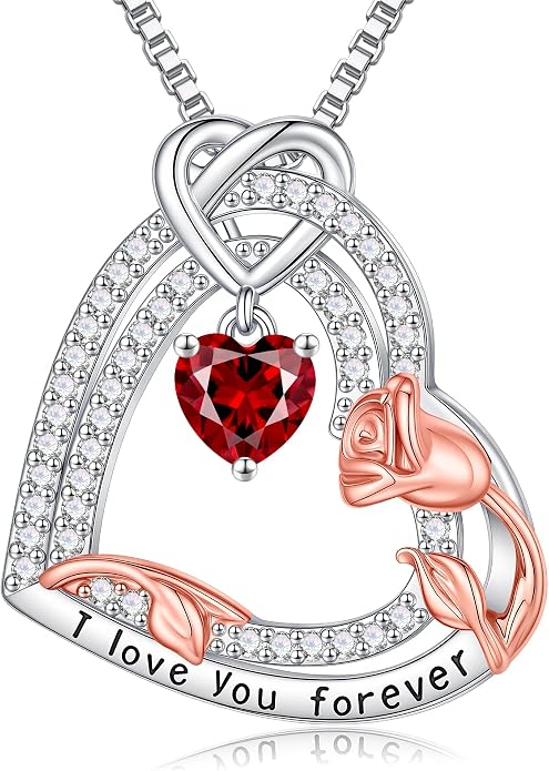Gifts for Mom 925 Sterling Silver Birthstone Necklace for Women, Heart & Rose Design Birthday Gifts for Mom Wife Her