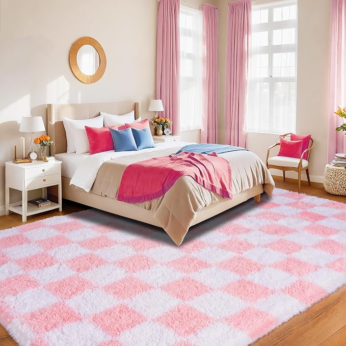 Pionblank Checkered Rug for Living Room, Modern Soft Shag 6x9 Area Rugs, Plush Fuzzy Carpet for Bedroom Girls Boys Room Home Nursery Teens Dorm Decor, Pink and White