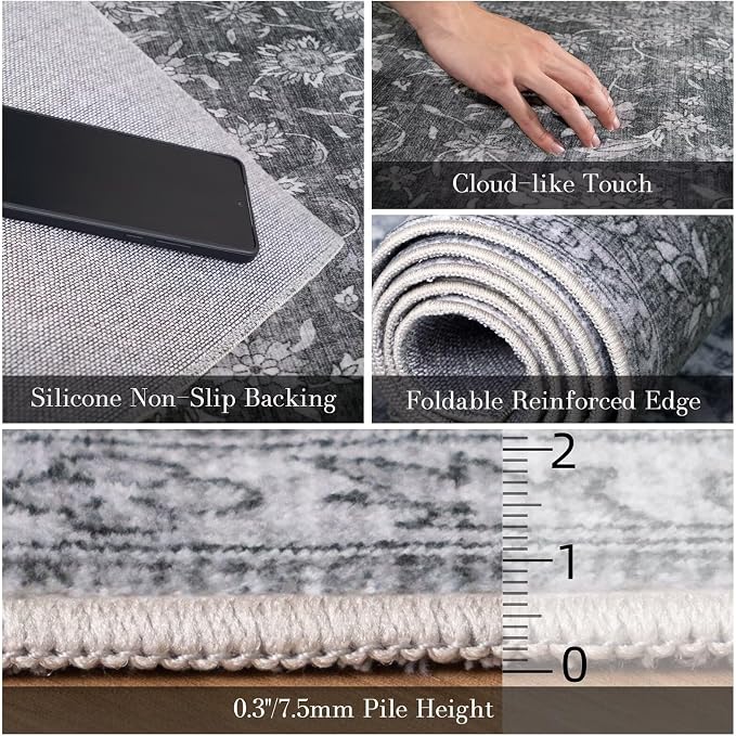 Washable 2x3 Entryway Rug, Boho Vintage Non-Slip Door Mat, Dark Grey | 0.3" Neutral Throw Small Rugs for Bedroom Kitchen Nursery Entrance, Cushioned for High-traffic Area