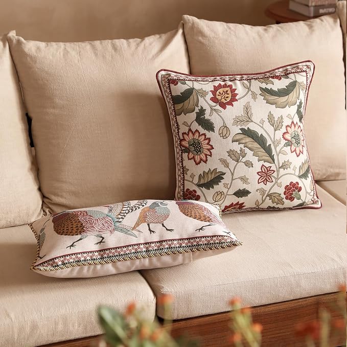 ISAENNE Designer Linen Square Throw Pillow Cover,Set of 2,18"x18"-Ratina A | Vintage French Elegant Pillow Cover,Concealed Zipper Design,Floral Pattern,Sofa,Bedroom,Living Room,Lounge Chairs
