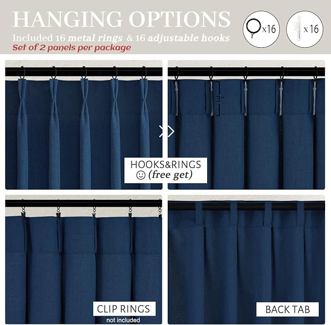 Navy Extra Long Light Filtering Sheer Curtains 108 Inches Long for Living Room 2 Panels with Ceiling Track, Textured Linen Pleated Curtains & Drapes 108 Inch Length Dinning Room Lush Decor Dark Blue