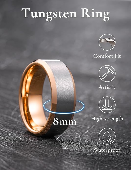 King Will Tungsten Men's Wedding Ring - Available in 6mm to 10mm, Black/Silver, Matte Finish, Beveled Polished Edge, Comfort Fit