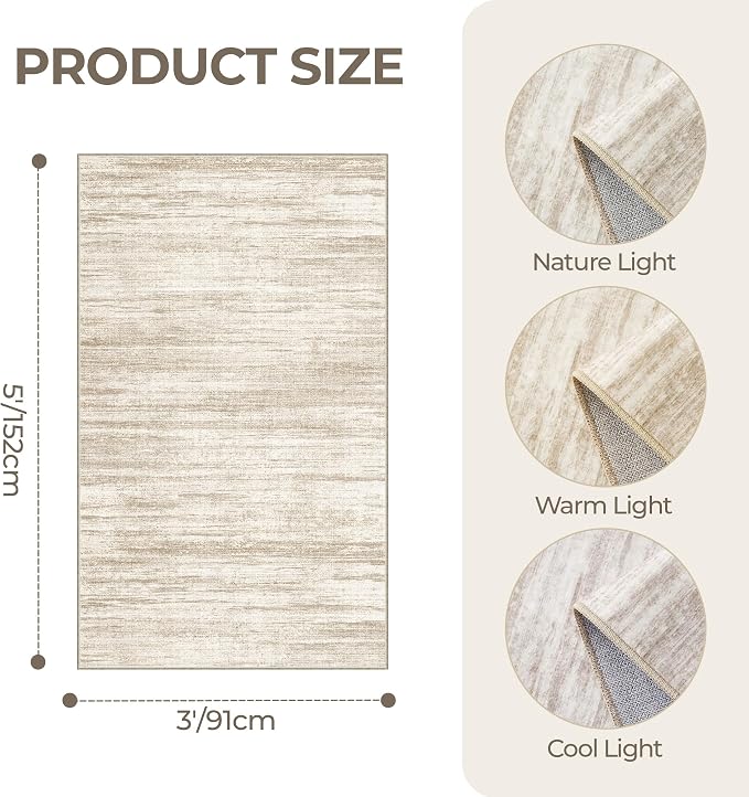 3x5 Rug for Entryway,Washable Area Rug,Brown | Small Rug for Kitchen,Hallway,Bedroom,Living Room,Dining Room,Thin,Soft, Neutral Rug,Stain Resistant Indoor Carpet,Non Slip