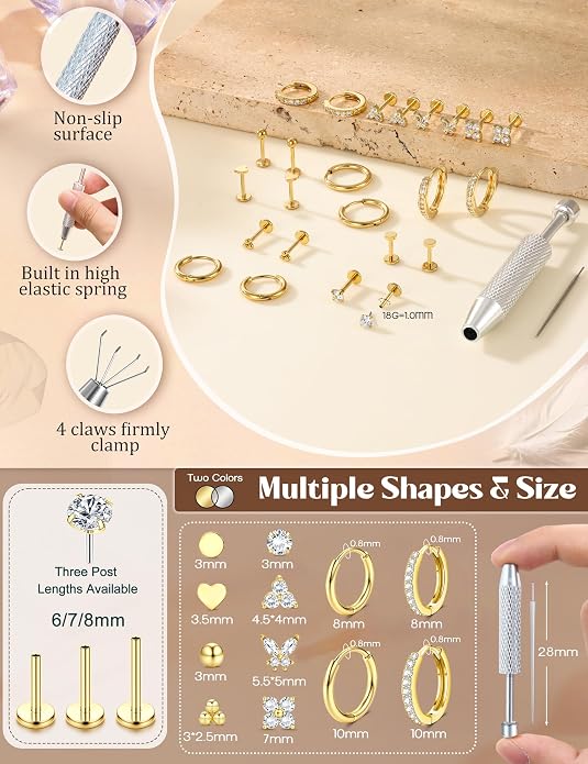 ORAZIO 16G/18G/20G Flat Back Earrings for Women Threadless 316L Surgical Steel Stud Hoop Earrings Push in Nose Studs Hypoallergenic Cartilage Earring Stacks Labret Helix Tragus Conch Piercing Jewelry