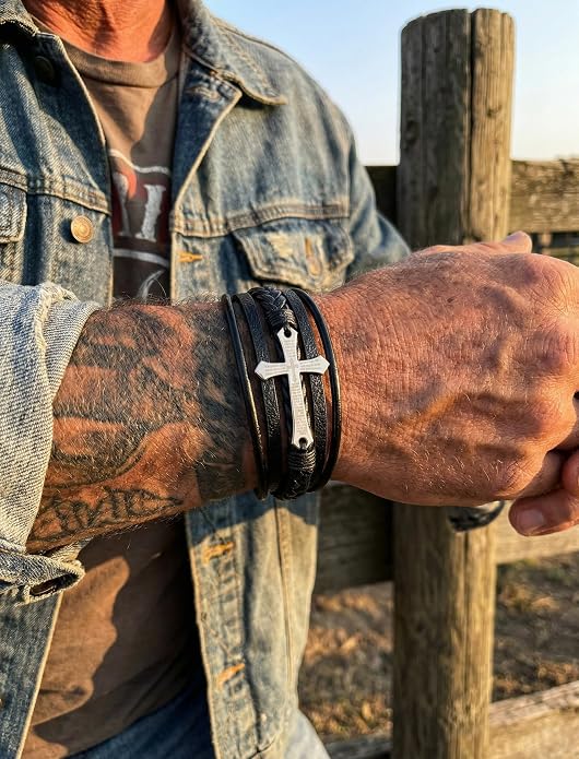 Mens Leather Cross Bracelet Multilayer Braided Wristband Bangle Bracelets with Stainless Steel Buckle Religious Gift for Men Brown/Black/Blue–8.3 inch