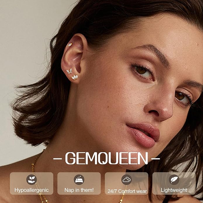 GEMQUEEN G23 Implant Grade Titanium 18G Internally Threaded Flat Back Earrings 5A CZ Studs: 14K Gold Hypoallergenic 3 Pcs Tragus Cartilage Conch Helix Piercing Jewelry for Sensitive Ears Women Men