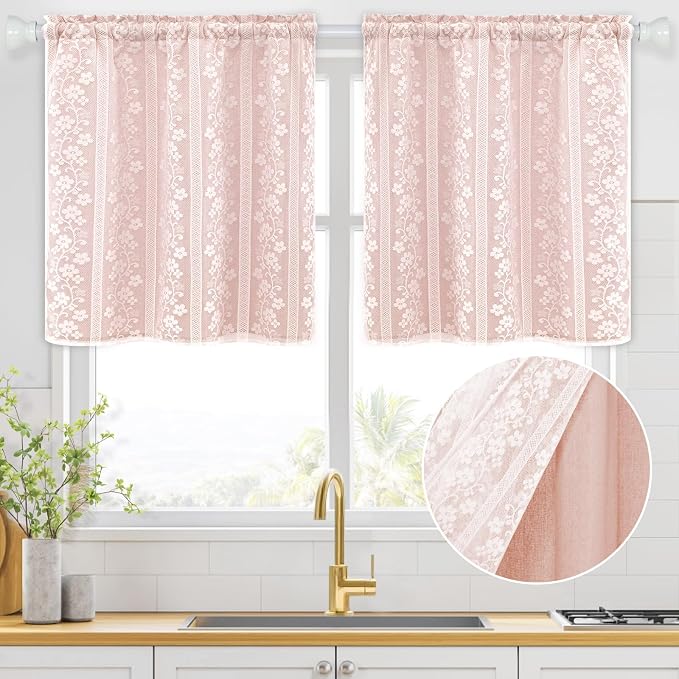 ASPMIZ Linen Pink Kitchen Tier Curtains 24 Inch Length, Double Layered Kitchen Curtains with Linen and Lace, Rod Pocket Short Window Curtain, Farmhouse Window Treatments for Bathroom, Cafe, 2 Panel