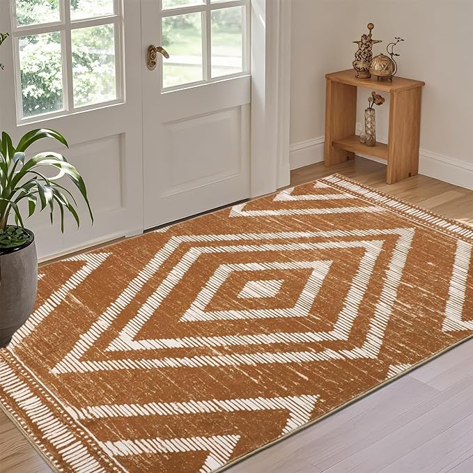 Moroccan Washable Area Rugs 3x5ft Non Slip, Low Pile Entryway Rug, Brown Boho Bedroom Carpets, Non Shedding Soft Floor Carpet for Dining Room Bathroom Kitchen Study Office