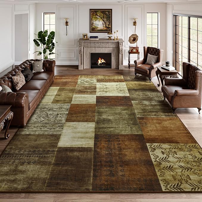 DweIke Washable Area Rugs 9x12 for Living Room, Large Modern Geometric Brown Soft Patchwork Carpet, Non-Slip Stain Resistant Throw Rug for Bedroom Dining Room Office Home Decor