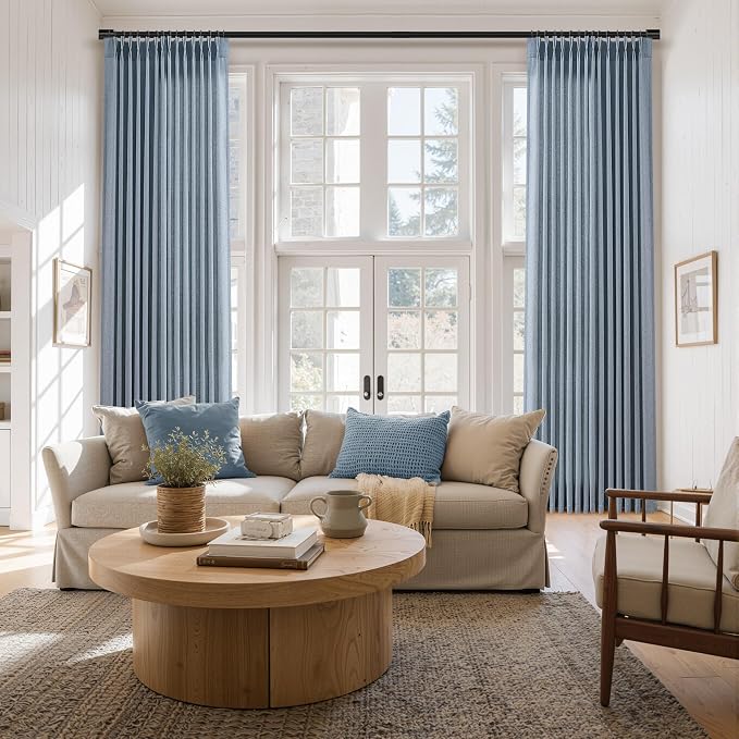Aersas Stone Blue Extra Long Linen Pinch Pleat Curtains 108 Inches Long 2 Panels for Living Room Bedroom Light Filtering Back Tab Pleated Drapes 108 Inch Length Semi Sheer Ceiling Floor Curtain