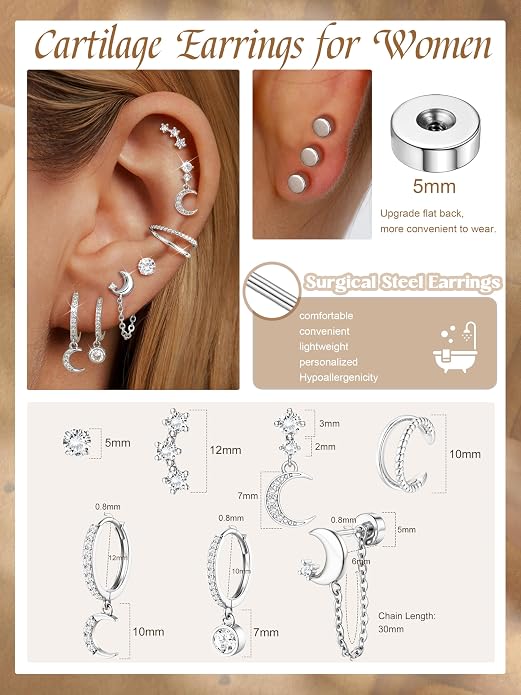 Dochais Flat Back Cartilage Earrings for Women Trendy Dainty CZ Flatback Studs Earing Sets 14k Gold Plated Hypoallergenic Huggie Hoops Earring Stacks for Multiple Piercing