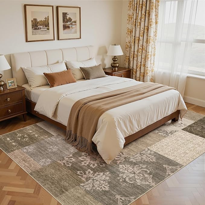 UERMEI 10x12 Area Rug for Living Room, Washable Brown Modern Geometric Patchwork Non Slip Stain Resistant Low Pile Foldable Carpet for Bedroom Dining Farmhouse Home Office