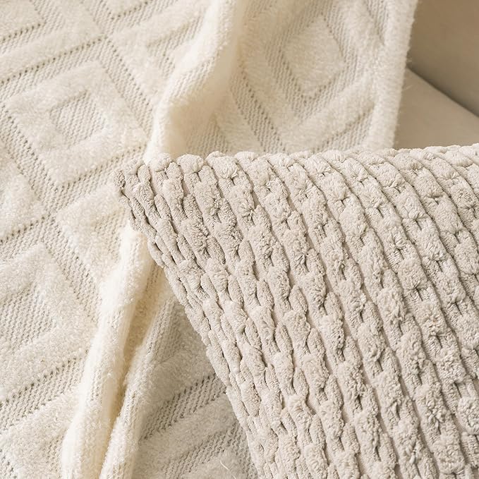 Set of 4 Navy White Taupe Decorative Throw Pillow Covers 16x16 Inch Corduroy Pillow Covers for Bed Couch Sofa Living Room Soft Square Cushion Cases