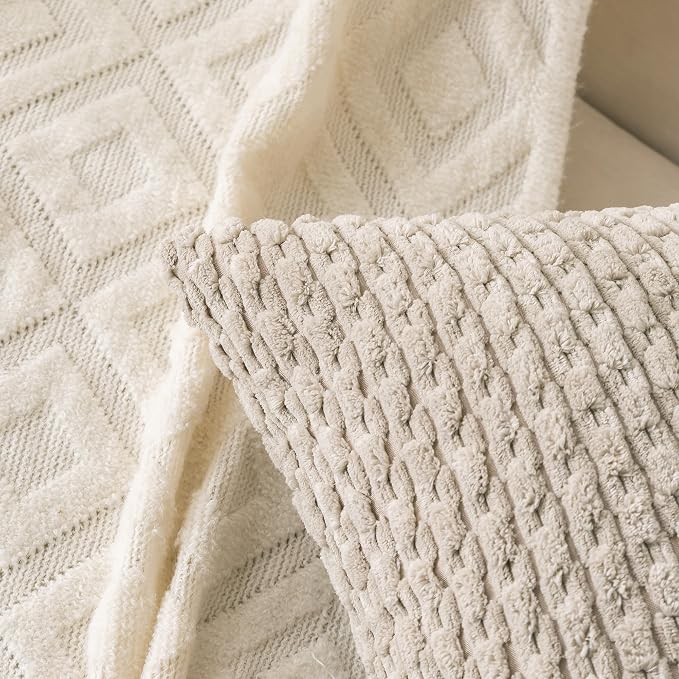 Set of 4 Navy White Taupe Decorative Throw Pillow Covers 22x22 Inch Corduroy Pillow Covers for Bed Couch Sofa Living Room Soft Square Cushion Cases