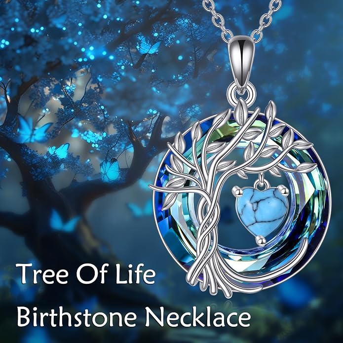 POPLYKE Mothers Day Gifts for Mom Her Wife Tree of Life Necklace 925 Sterling Silver Birthstone Pendant with Crystal Anniversary Birthday Wedding Jewelry for Women