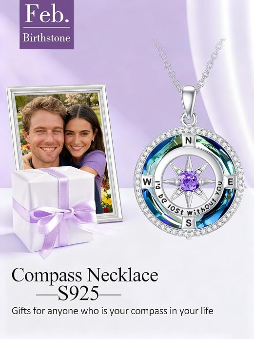 TOUPOP Necklace Gifts for Wife Compass Jewelry Women Anniversary Girlfriend Birthday Gift for Her Valentines I'd be Lost without You Sterling Silver Birthstone Necklaces