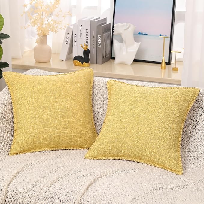 decorUhome Yellow Faux Linen Outdoor Throw Pillow Covers 18x18 Set of 2 | Fall Decorative Textured Neutral Modern Farmhouse Pillow Covers with Stitched Edge for Couch Sofa Bed Living Room