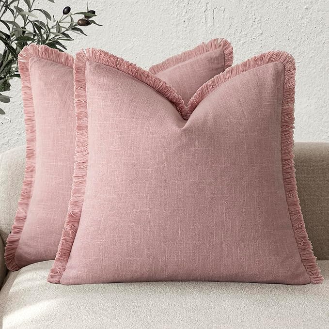 Foindtower Set of 2 Decorative Linen Fringe Throw Pillow Covers Cozy Boho Farmhouse Cushion Cover with Tassels Soft Accent Pillowcase for Couch Sofa Bed Living Room Home Decor,22×22 Inch,Rose Pink