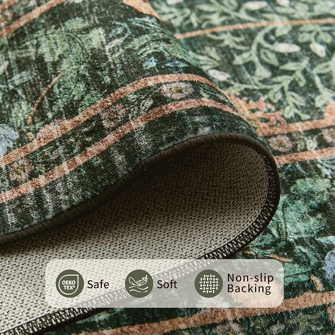 Rugxara Green 8x10 Area Rugs for Living Room Bedroom Large Washable Rug | Non Slip, Rug for Dining Room Office Kids Room, Stain Resistant, Soft, Low Pile, Vintage Boho Retro Carpet,Home Decor