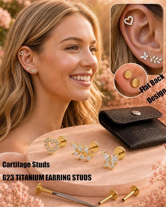 YACHY G23 Titanium Flat Back Stud Earrings, Internally Threaded Screw-On Hypoallergenic Body Piercing Jewelry for Everyday Wear, Tragus Helix Conch Monroe Medusa Lip, 18G 6mm 8mm