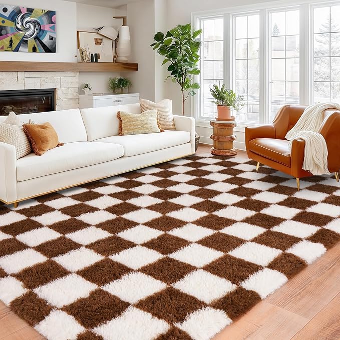 Pionblank Checkered Rug for Living Room, Modern Soft Shag 6x9 Area Rugs, Plush Fuzzy Carpet for Bedroom Girls Boys Room Home Nursery Teens Dorm Decor, Brown and Cream White