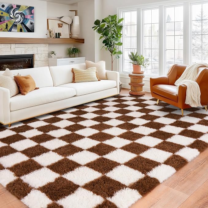 Pionblank 9x12 Area Rug, Large Fluffy Checkered Rugs for Living Room, Shag Rug for Bedroom, Soft Non Slip Shag Carpet for Kids Room Nursery Home Decor, Brown and Cream White