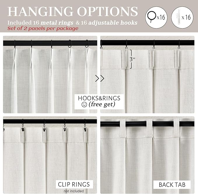 PleatedDrapes Linen Curtains 90 Inches Long 2 Panels Set, Light Filtering Luxury Curtains for Living Room/Sunroom Pinch Pleated Viral Heavy Duty Drapes Beige White Sheer Back Tab (W40 xL90)