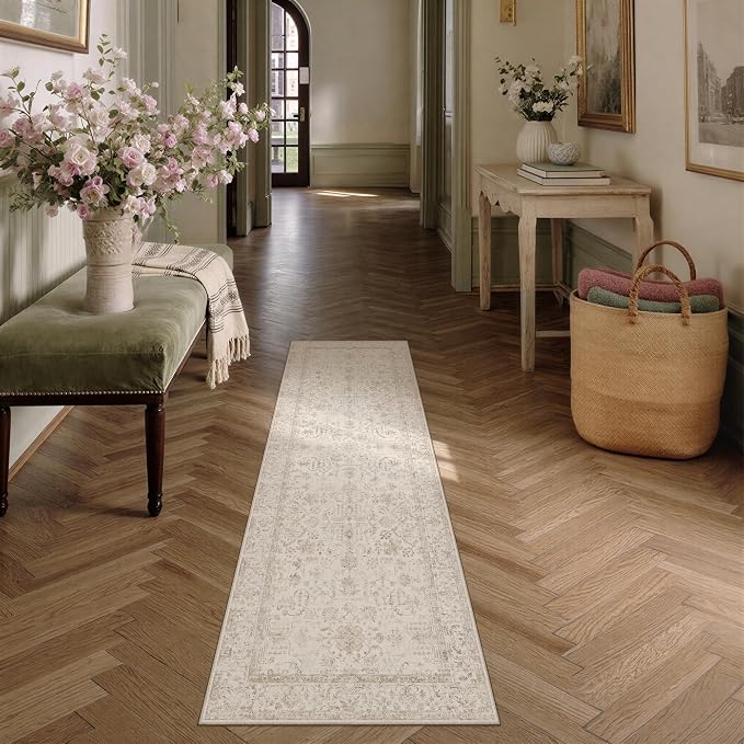 2x5 Beige Neutral Kitchen Runner Rug | Washable, Low Pile, Accent, Vintage, Soft, Non Slip, Carpet for Bathroom Hallway Bedroom Nursery Indoor Home Decor