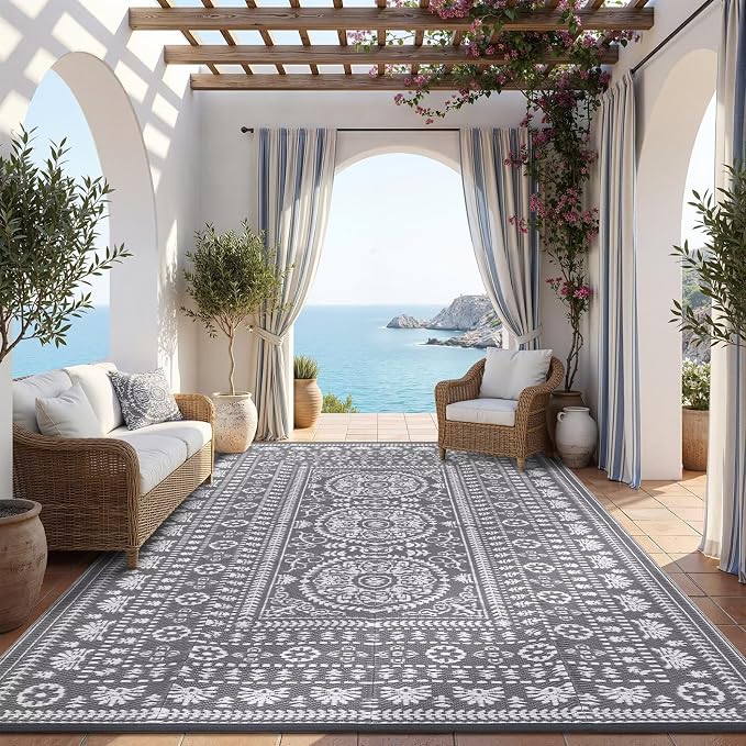 Garvee Reversible Outdoor Rug 9x12 for Patio, Waterproof Outdoor Area Rug, Modern Medallion Indoor Outdoor Rugs, Plastic Straw Rug for RV, Camping, Deck, Vintage Grey
