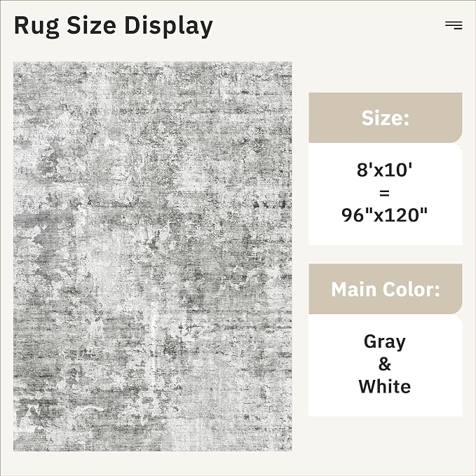 Soalmost Abstract Rug 8x10 Large Living Room Rugs Neutral Modern Washable Area Rugs for Bedroom Dining Room Non-Slip Stain Resistant Foldable Thin Rug Gray White