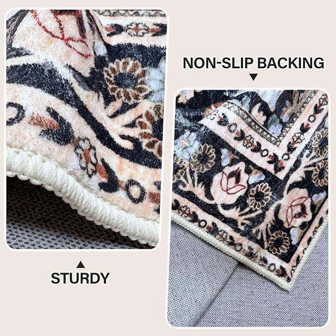 Vhong Boho Area Rugs Vintage Washable Modern Neutral Carpet Black 8×8 High Traffic Round Rugs for Dinning Room Living Room Bedroom Farmhouse Non Slip