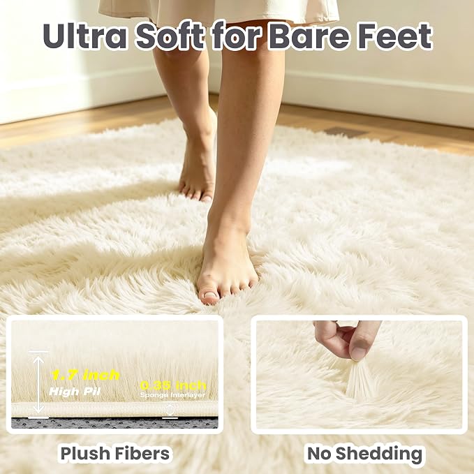4x6 Area Rug for Living Room, Ultra Soft Fluffy Cream White Rugs for Bedroom, Non Slip Large Shag Carpet, Fuzzy Plush Nursery Rug, Thick Washable Indoor Floor Carpets for Kids Office Dorm Home Decor