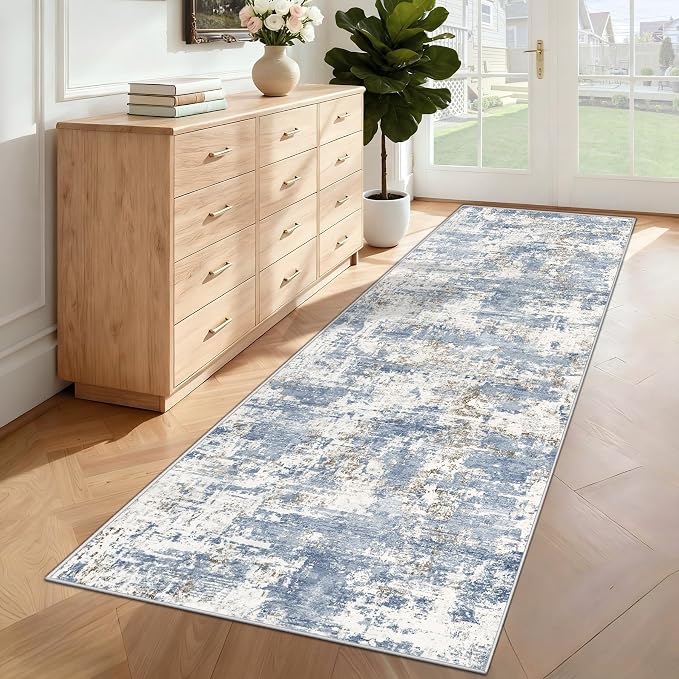 XLUEZ 2x8 Runner Rug for Hallway, Washable Modern Abstract Runner Rugs Neutral Soft Non Slip Kids Rug Stain Resistant Indoor Runners for Hallways Entryway Bedroom Kitchen Laundry Room(Blue, 2'x8')
