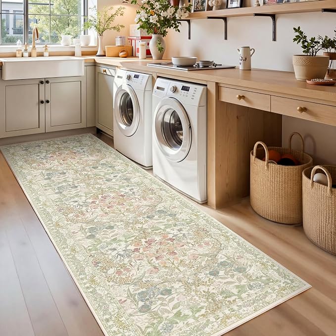 Lunasun Sage Green Non Slip Hallway Runner Rug - Long Runner Rugs 2x7 Washable Kitchen Floor Mat, Laundry Room Rug, Bathroom Runner - Vintage Design Décor