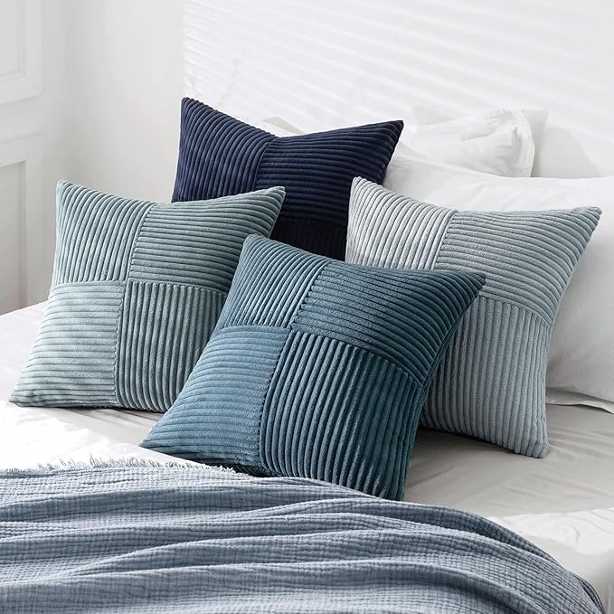 MIULEE Dusty Blue Navy Farmhouse Throw Pillow Covers 20x20 Inch Set of 4 Boho Patchwork Gradient Cushion Cases Western Modern Pillow Cases Corduroy Home Decor for Couch Sofa Living Room Bed